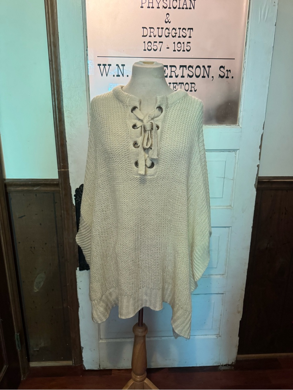 Renaissance Style Cream Lace-Up Knit Poncho Sweater
